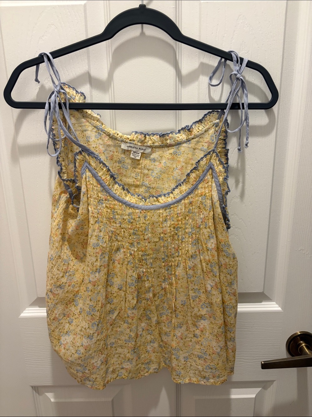 American Eagle Outfitters Yellow Floral Tie-Shoulder Camisole with Blue Trim